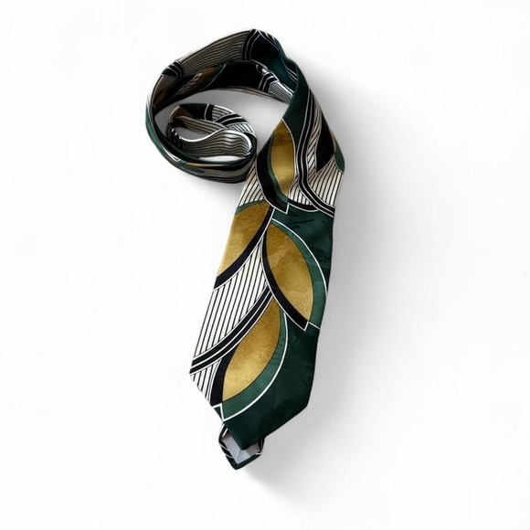 Vintage 90's Green, Gold, and White Patterned Tie - Picture 2 of 8